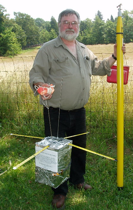 Tom Dawson - WB3AKD of Round Hill, Virginia, our Balloon Committee Chairman, with the recovered K4LRG/B payload. Photograph by Norm Styer - AI2C de Clarkes Gap, Virginia.