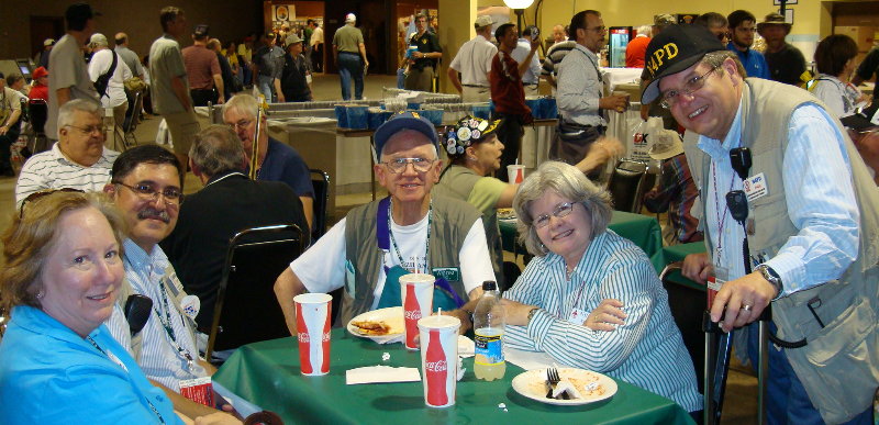 Sally Guise - KJ4LWO, Luther Guise - K5NOB, Don - W0DM - who sat with us while we all had some of that great Hamvention Pizza, Nancy - N1NCY, and myself. Photograph by Paul Dluehosh - N4PD of Leesburg, VA.