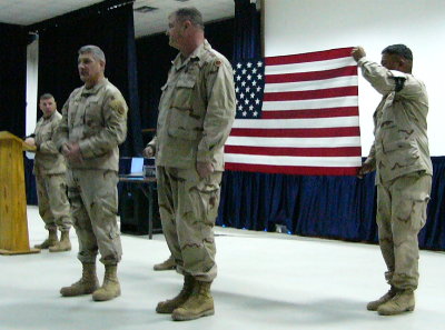 Jay Greeley of Leesburg, VA receives US Army Bronze Star Metal at Camp Freedom, Mosul, Iraq and promotion to Lieutenant Colonel at the US Army Airfield, Mosul, Iraq on January 8, 2005. Photograph by Jay Greeley,