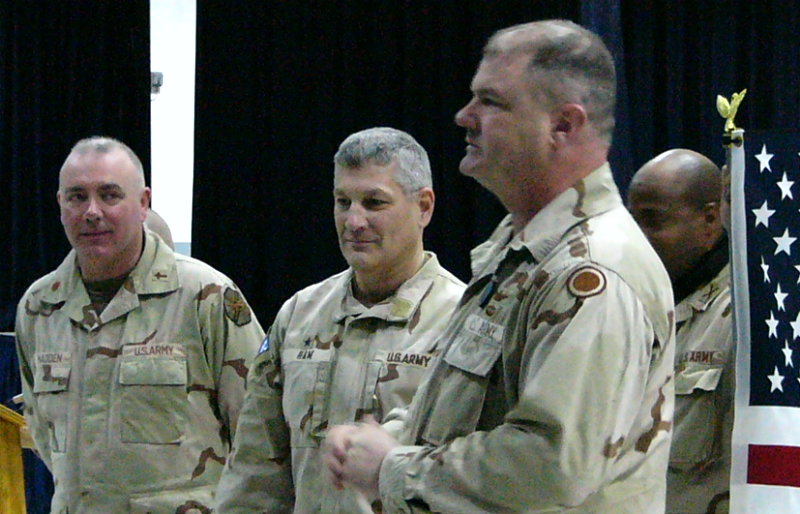 Jay Greeley of Leesburg, VA receives US Army Bronze Star Metal at Camp Freedom, Mosul, Iraq and promotion to Lieutenant Colonel at the US Army Airfield, Mosul, Iraq on January 8, 2005. Photograph by Jay Greeley,