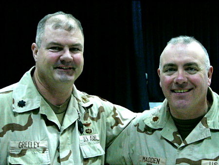 Newly promoted US Army National Guard Lieutentant Colonel Jay Greeley of Leesburg, VA with a fellow Wosconsin Chaplin Madden at Camp Freedom, Mosul, Iraq.