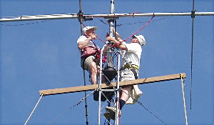 John Unger - W4AU and Gary Quinn - NC4S prepare to lower TH6. Photograph by Norm Styer - AI2C of Clarkes Gap, VA.