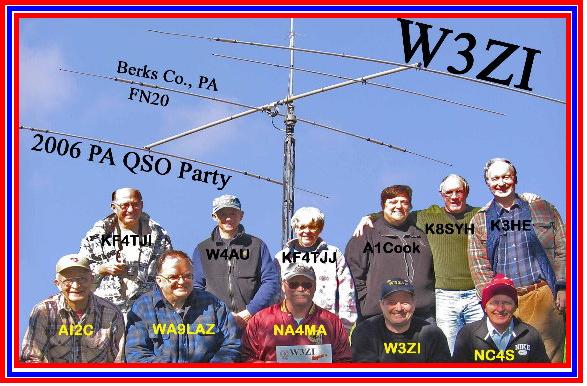 This is the W3ZI Multi-Multi Station operating crew. This photograph taken on site on Saturday morning before start of the Pennsylvania QSO Party. Photograph by Larry Hughes - K3HE of Leesburg, Virginia. This photograph marked up by Denny Boehler - KF4TJi who will print this as the QSL card for this operation.