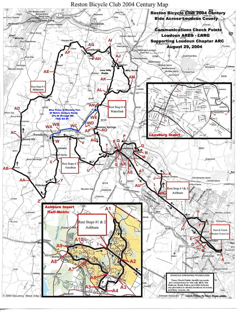 This map shows all three routes to be used by the Reston Bicycle Club. Communications check points have been incorporated to aid in support operations. CP by Norm Styer - AI2C of Clarkes Gap, VA.