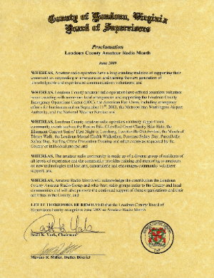 Loudoun County Board of Supervisors' Proclamation - June 2009 Amateur Radio Month. Photograph by Norm Styer - AI2C de Clarkes Gap, Virginia